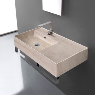 Bathroom Sink Beige Travertine Design Ceramic Wall Mounted Sink With Counter Space, Towel Bar Included Scarabeo 5115-E-TB